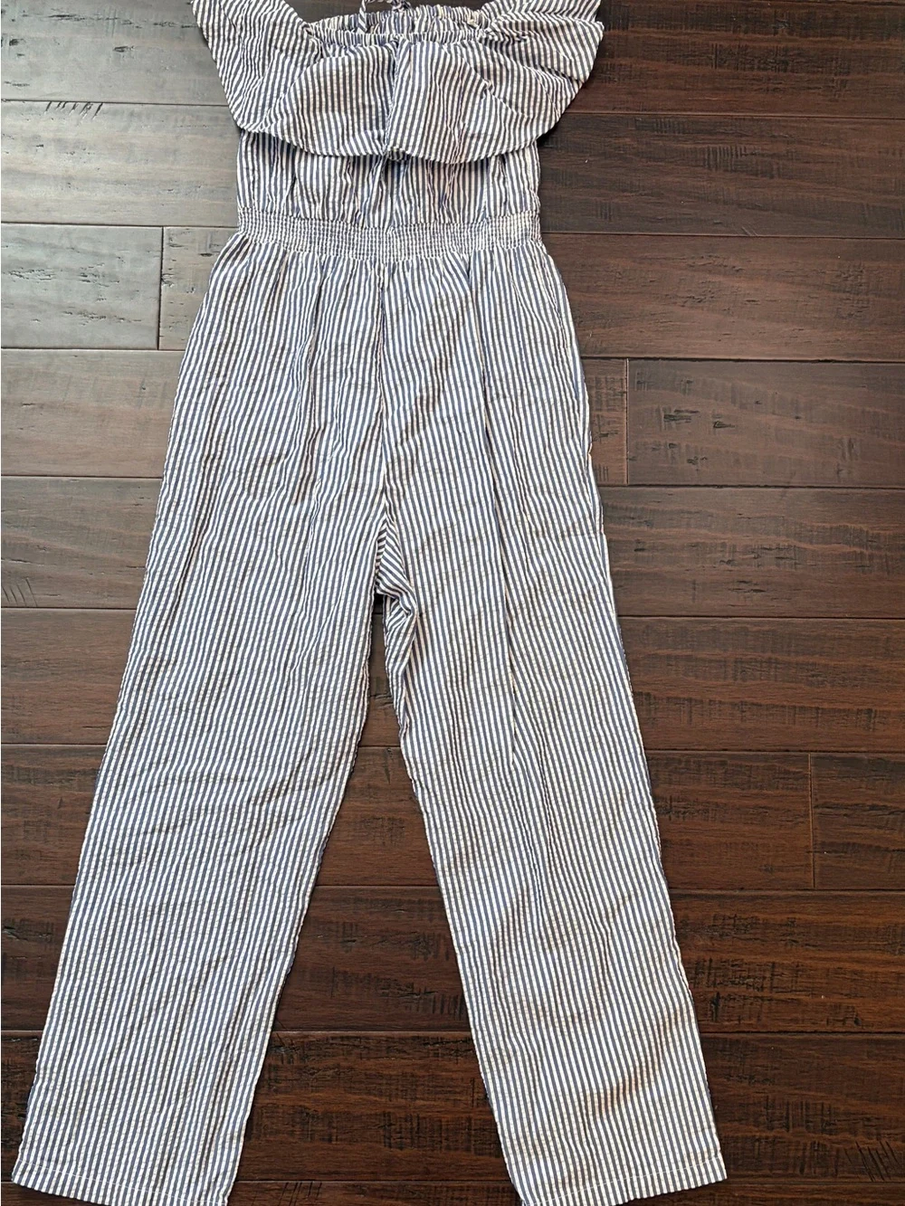 J. Crew Blue and White Striped Seersucker Strapless Jumpsuit nautical classic